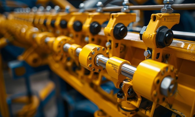 A close up of a yellow machine with many parts