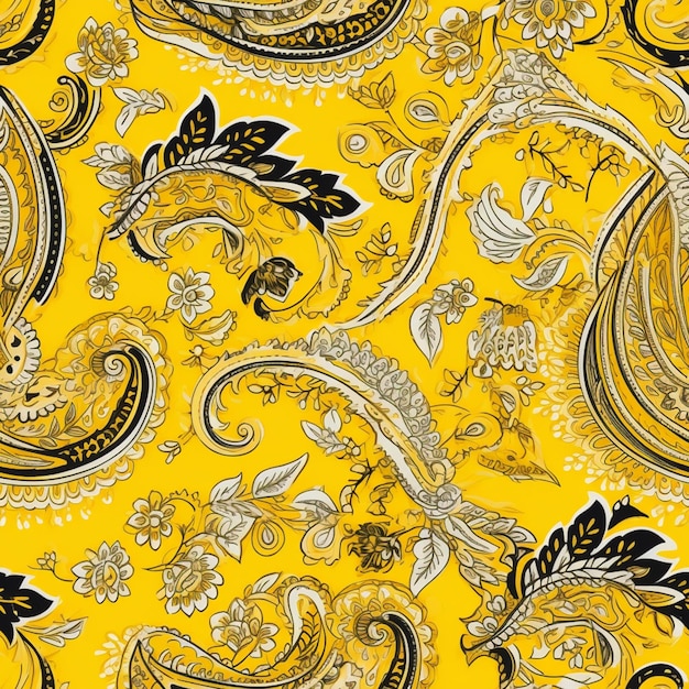 A close up of a yellow paisley print fabric with black and white flowers generative ai