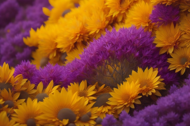 Близкий взгляд на желтые и фиолетовые цветы в букете Цветный фон генеративный ai
