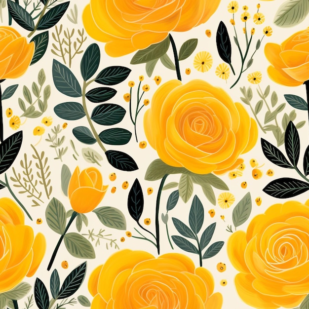 A close up of a yellow rose pattern with green leaves generative ai