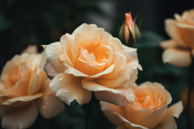 A close up of a yellow rose with water droplets on it