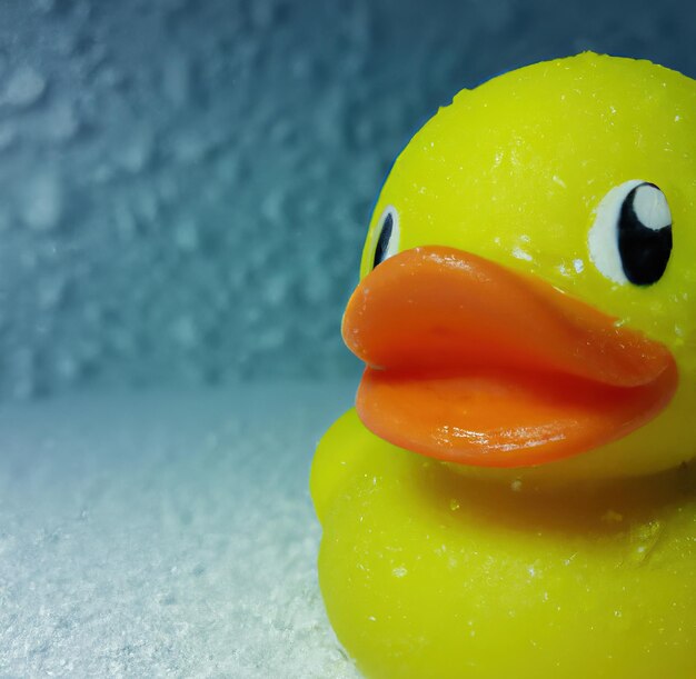 Close up of yellow rubber duck on blue background created using generative ai technology