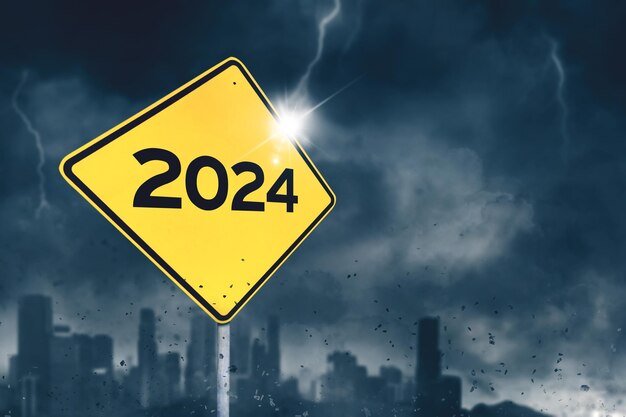 Close up of yellow signpost with text of 2024 with thunderstorm in a city background