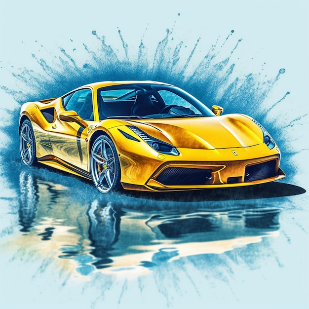 A close up of a yellow sports car with a splash of water generative ai