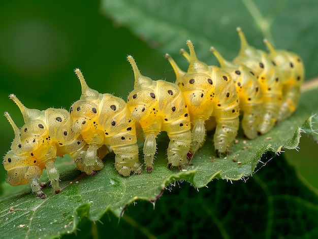 自然の生息地にある緑の葉の上に並んでいる黄色い斑点のカタツムリのクローズアップ