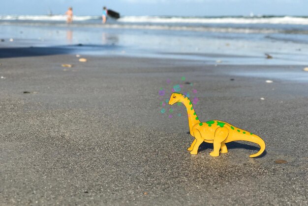 Photo close-up of yellow toy on beach against sky