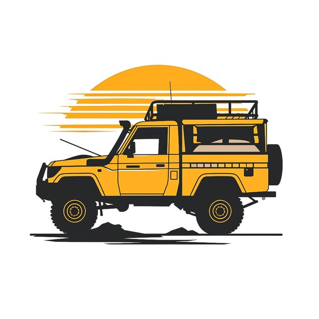 Photo a close up of a yellow truck with a roof rack on top camping logo