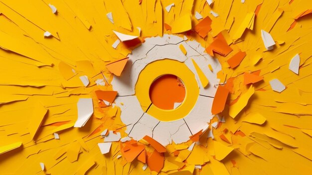 A close up of a yellow and white broken wall with a hole in it generative ai