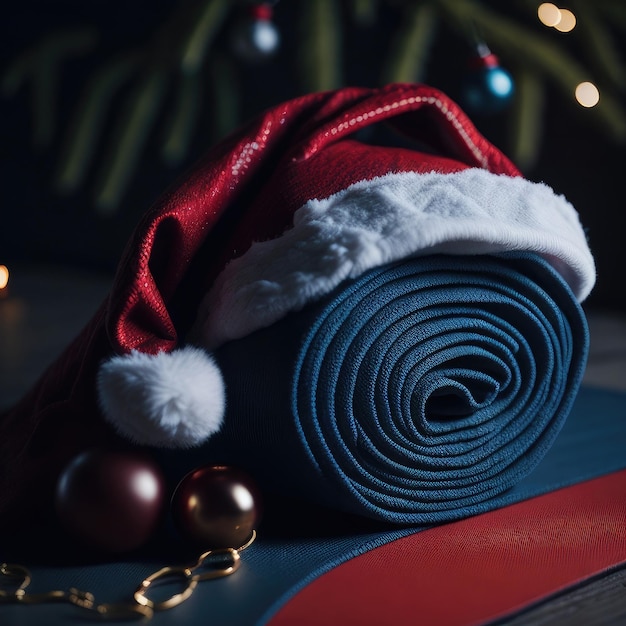 Photo close up of yoga mat with santa claus hat with home decorated for christmas new year ai generated