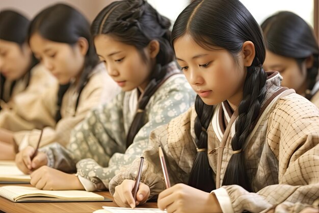 Foto primo piano di una giovane ragazza asiatica in una classe scolastica