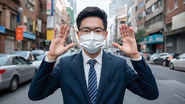 Close up young asian male businessman wearing pollution mask with gesture action express ill sickne