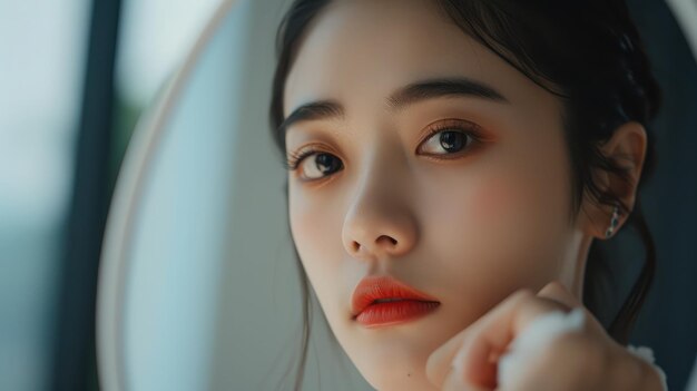 Close up young beautiful asian woman looking at mirror at home