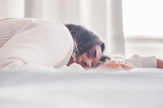 Close up of Young Beautiful Woman Sleeps in the Bed Shallow DOF 