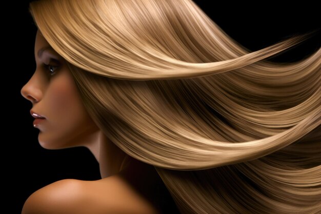 Photo close up of young blonde woman with healthy hair isolated on a black dark background