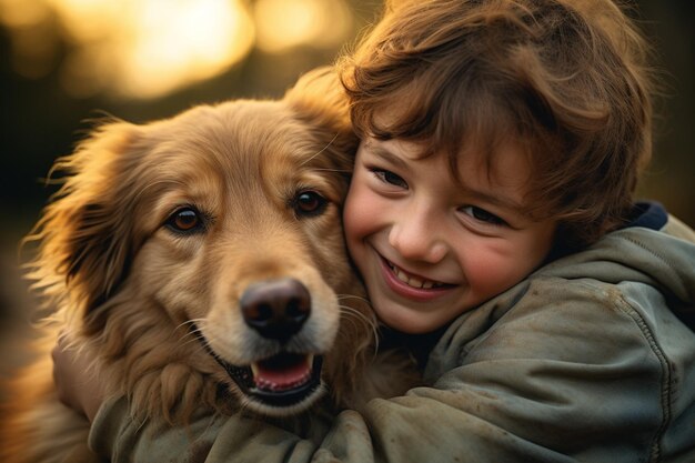 Foto close-up di un giovane ragazzo che abbraccia il suo cane sullo sfondo in stile bokeh