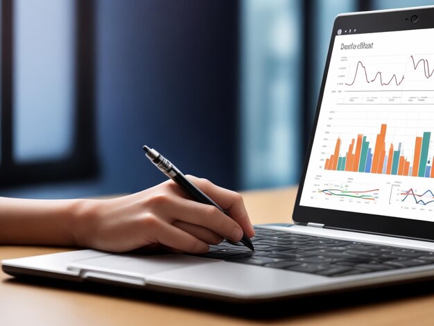 Close up young businessman analyzing project statistics working on computer and using smartphone app