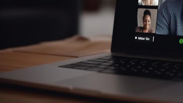 Photo close up young businessman in headphones holding online video call conference with african american