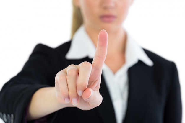 Photo close up of young businesswoman pointing upwards