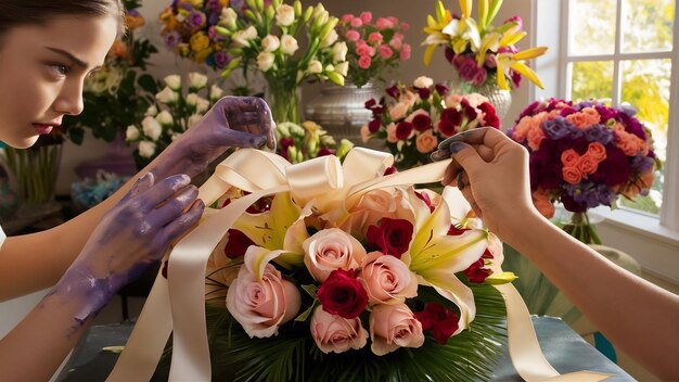 Close up of young female florist tying ribbon on bouquet at workplace