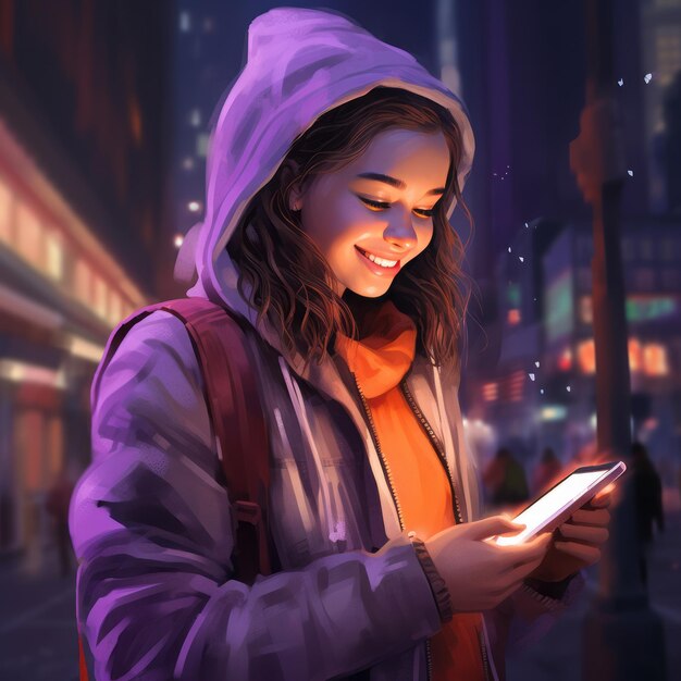 Близкий взгляд на молодую девушку, счастливую, держащую мобильный телефон в городской обложке в фиолетовом свете