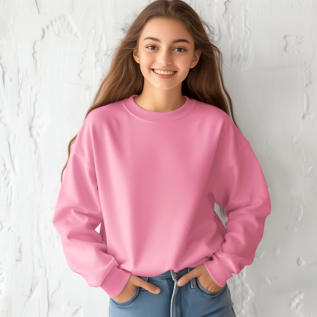 Photo a close up of a young girl wearing a pink sweatshirt and jeans pink tshirt mockup flat lay