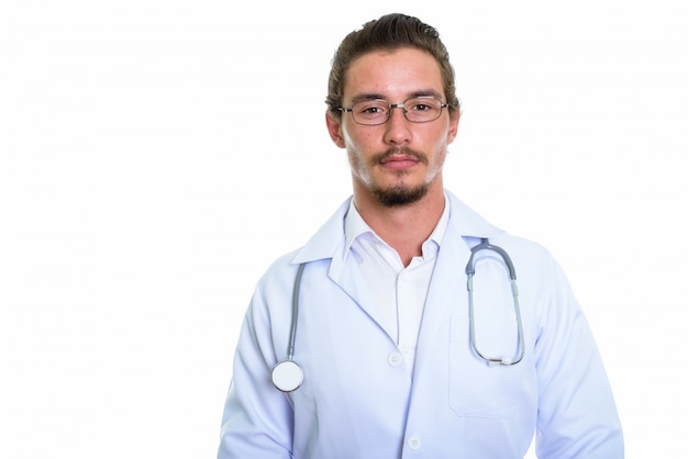 Close up of young handsome man doctor with eyeglasses isolated