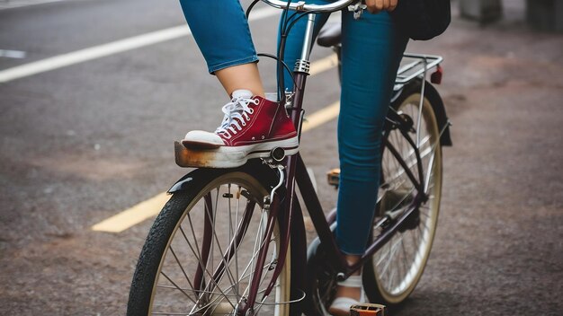 Photo close up of young hipster woman holding her foot on bicycle peda