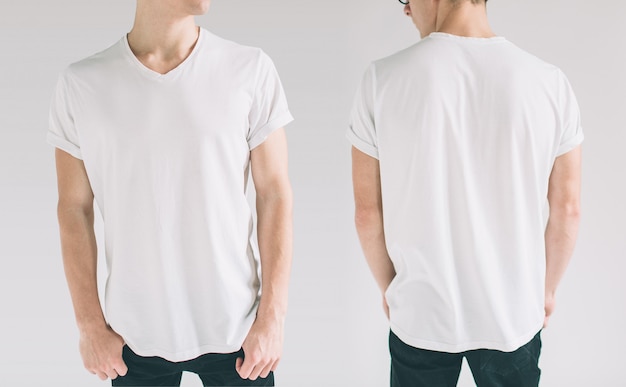 close up of young man in blank white tshirt front and back