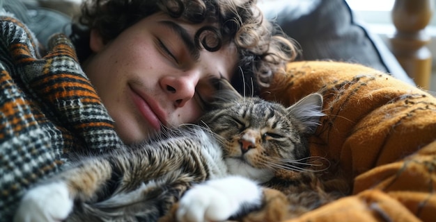 Close up young man sleeping with his cat