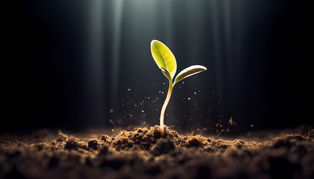 日光の下で庭で育つ若い植物の接写 土から伸びる緑の新芽