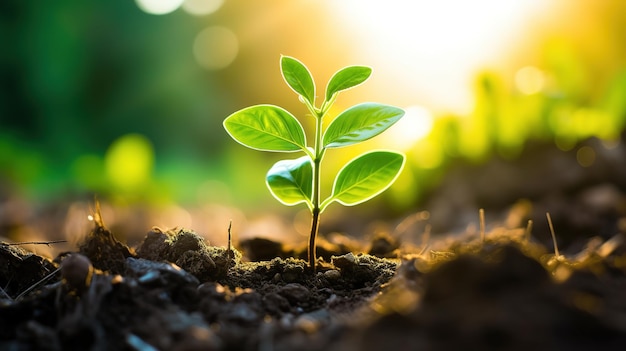 Close up young plant in sunlight in morning Growing plant grow up from ground in park