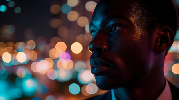 Foto close up di un giovane uomo d'affari afroamericano di successo che guarda la città notturna con professio