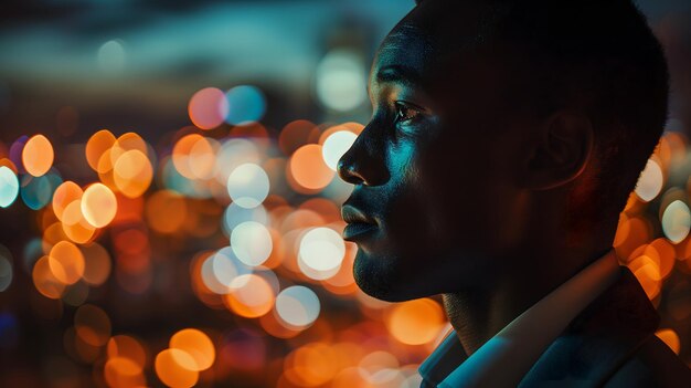 Photo close up of a young successful african american businessman looking at the night city with professio