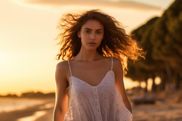 Close up of a young woman at the beach Golden hour