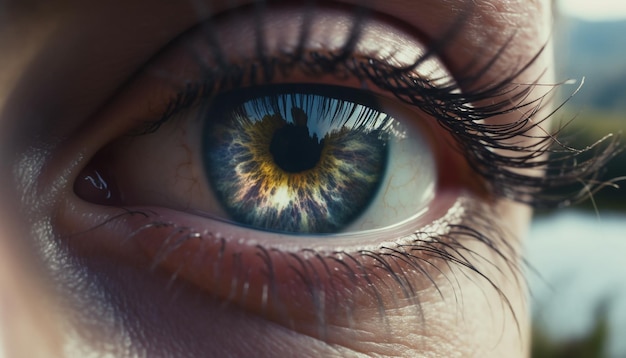 Close up of a young woman beautiful blue green eye staring at camera generated by artificial intelligence