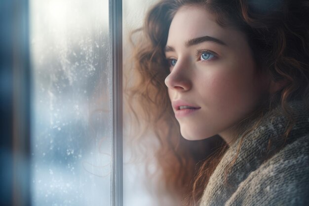 Close up of a young woman contemplating a winter scene from her window