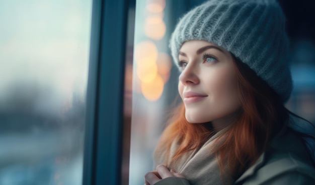 Close up of a young woman contemplating a winter scene from her window