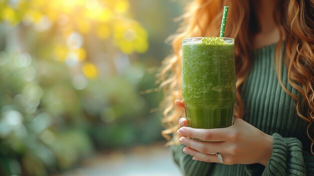 Close up of young woman holding glass of green smoothie The concept of a healthy way of eating