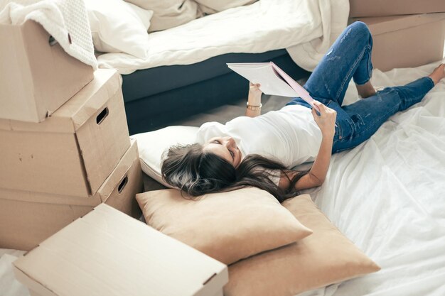 Close up. young woman looking at the design of her new apartment.