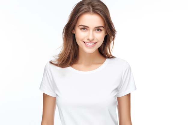 Close up of a young woman smiling and wearing a white tshirt on a white background