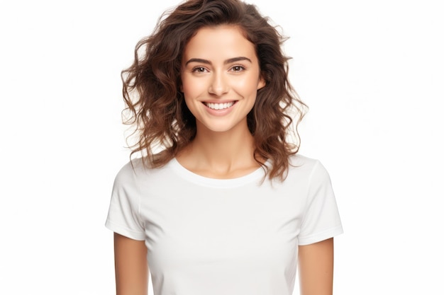 흰색 배경에 흰색 티셔츠를 입고 웃고 있는 젊은 여성의 클로즈업
