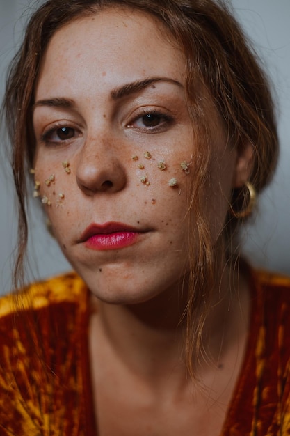 Близкий снимок молодой женщины с сушеными цветами на лице