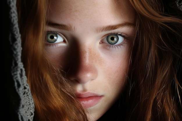 a close up of a young woman with freckles on her face