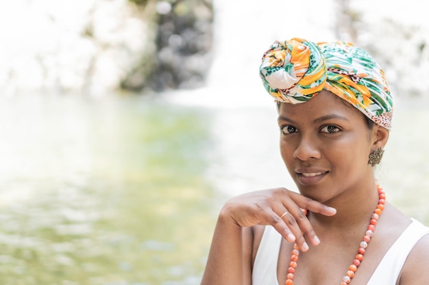 Close up of young woman with headscarf