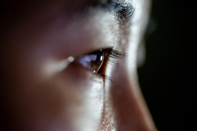 A close up of a young womans blue eyes