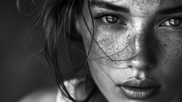 Close up of a young womans face with freckles and dark hair She is looking at the camera with a serious expression