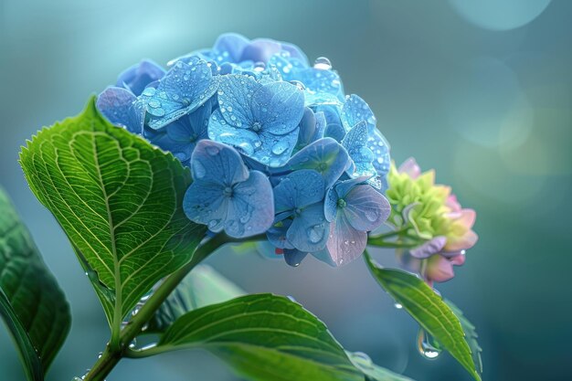 Close-up zicht Mooie kleuren Hortensia geïsoleerd met waterdruppels op de bloemblaadjes