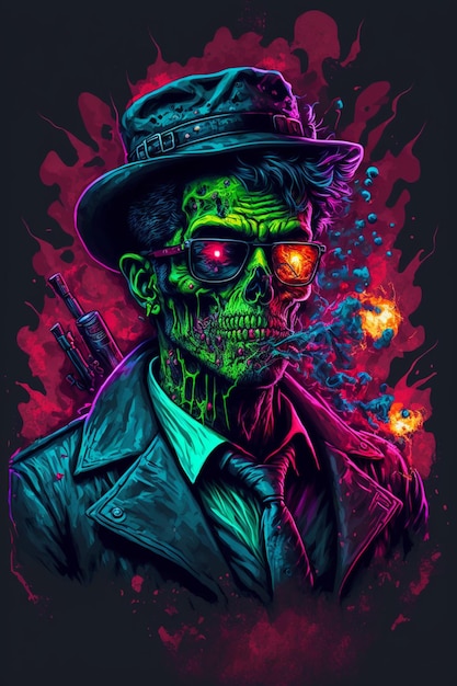 A close up of a zombie wearing a hat and sunglasses generative ai