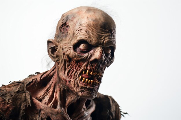 a close up of a zombie with a white background