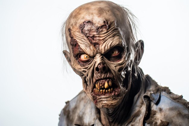 a close up of a zombie with a white background